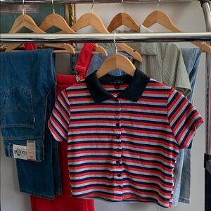 Retro Faded Rose Cropped Fitted Button up Striped Summer Top